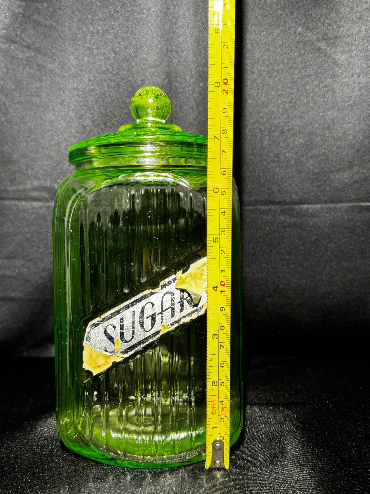Vintage 1930s Anchor Hocking Uranium Glass “SUGAR” Canister with Original Lid