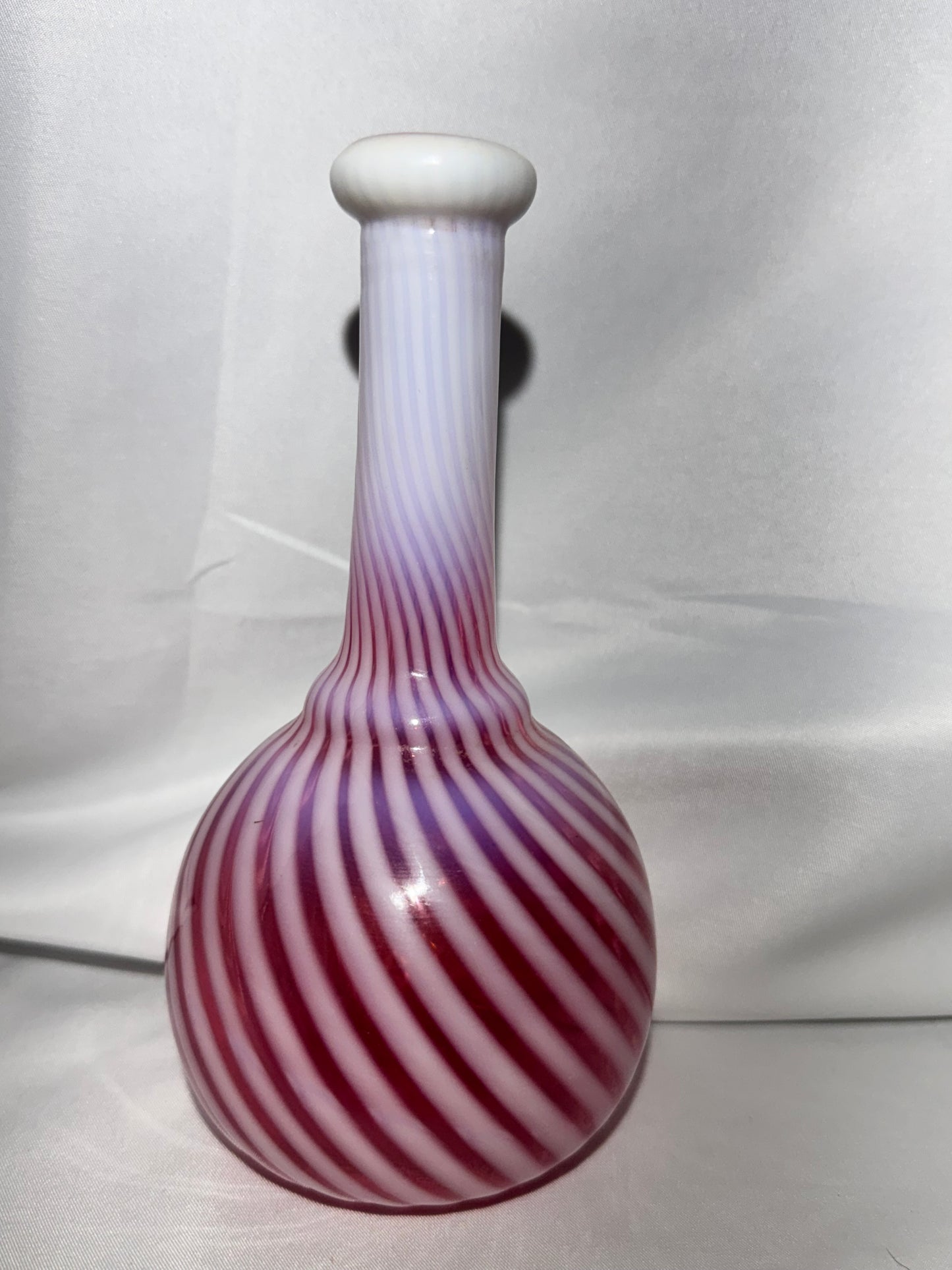 Antique Cranberry Opalescent Barber Bottle – Pronounced White Swirl & Defined Collar