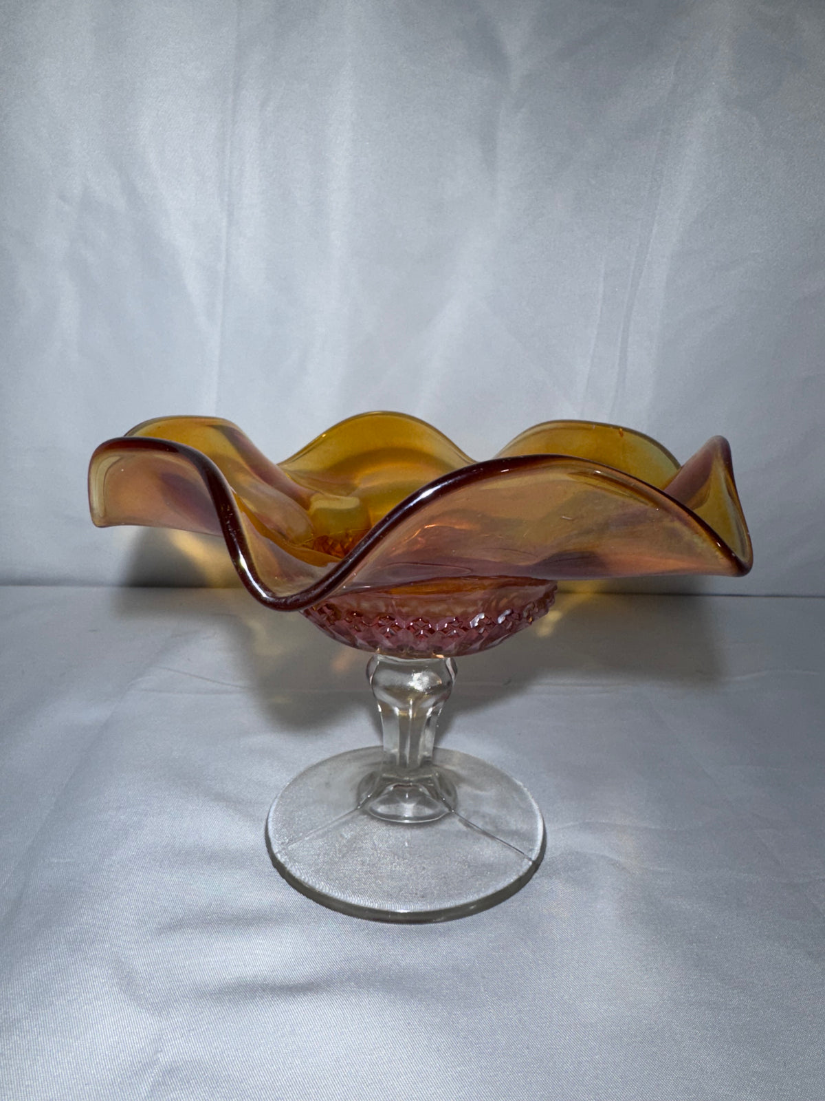 Vintage Marigold Carnival Glass Ruffled Pedestal Compote / Candy Dish 1920’s