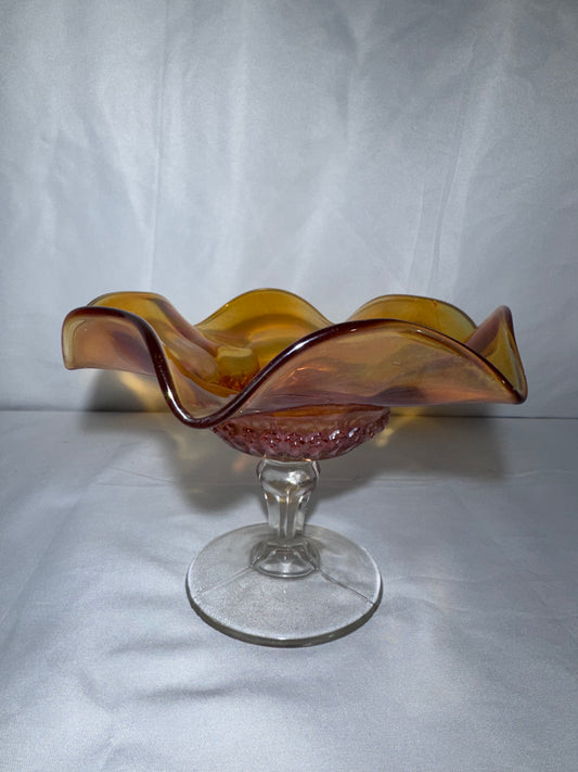 Vintage Marigold Carnival Glass Ruffled Pedestal Compote / Candy Dish 1920’s