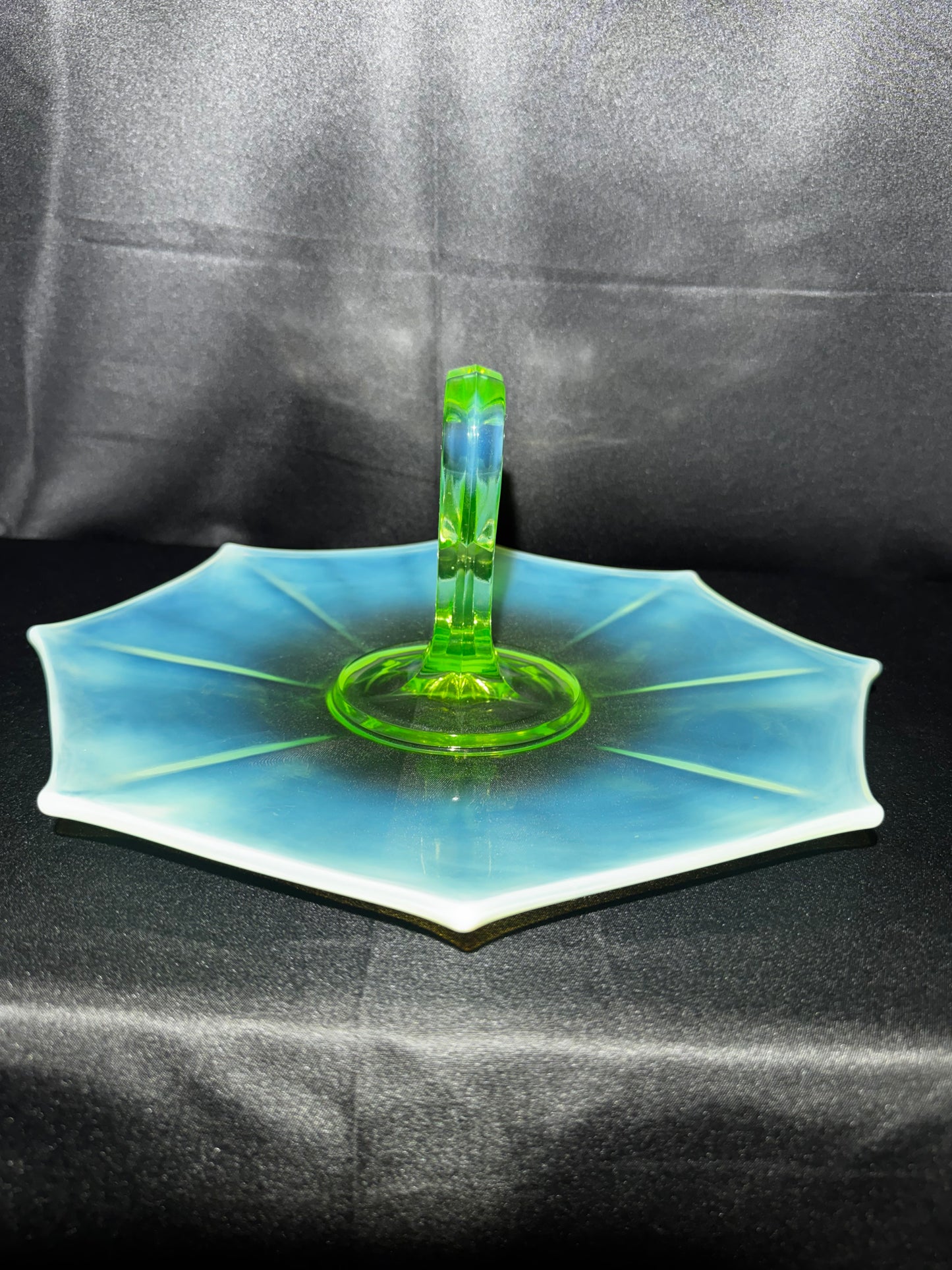 Vintage Uranium Glass Tidbit 12” Tray Heart Handle Bon Bon Dish UV Glow