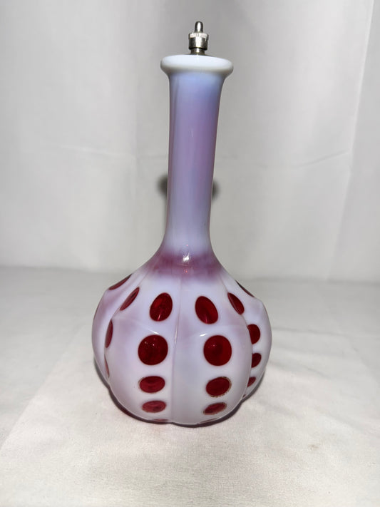 Vintage Cranberry & White Coin Dot Barber Bottle w/ Original Topper
