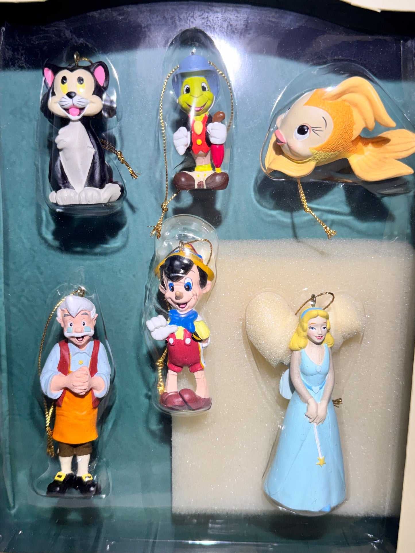 Vintage Disney Pinocchio Storybook Ornament Set 6 Pc Blue Fairy Jiminy