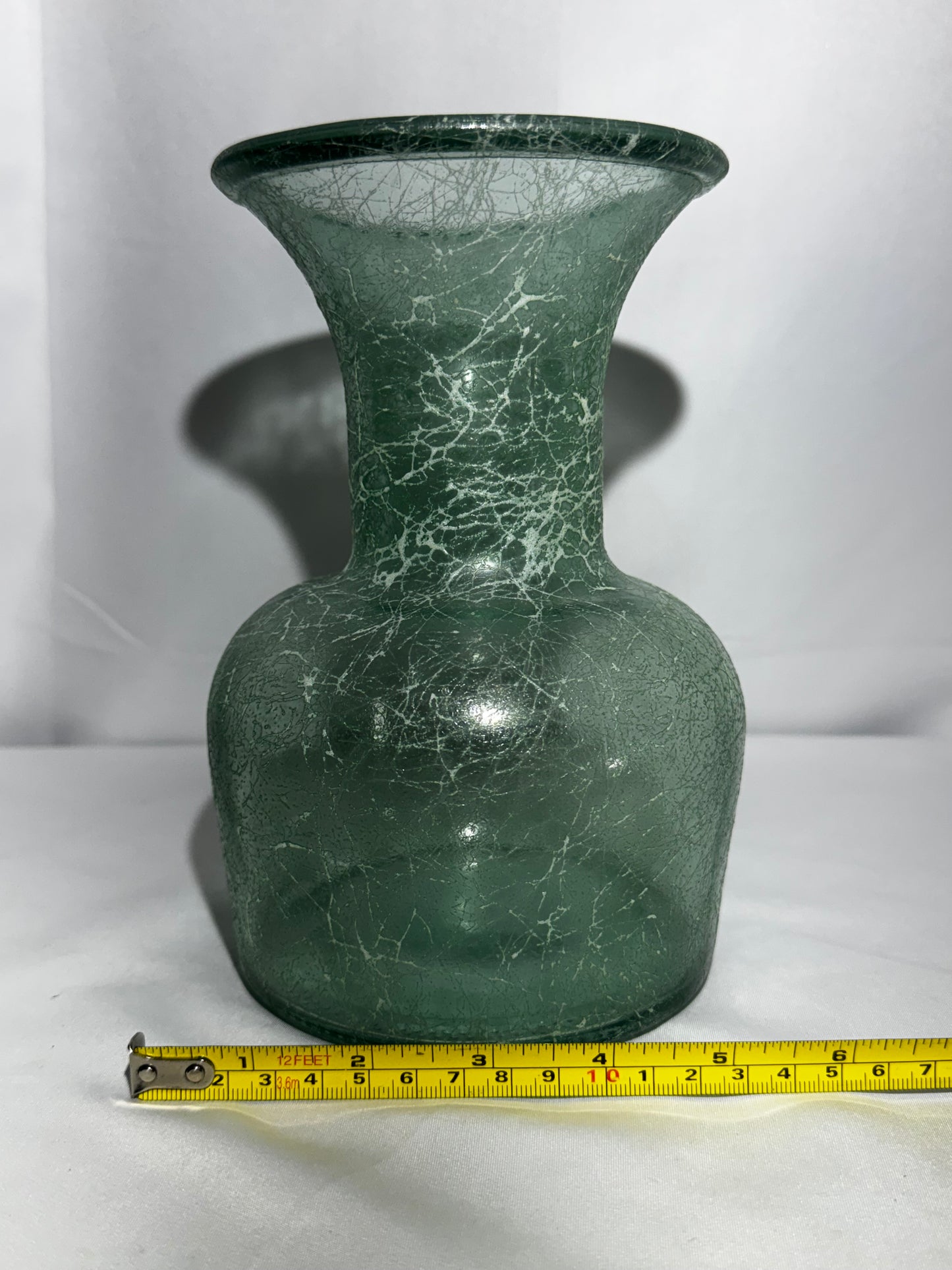 Green Glass Urn Vase Crackle Texture 8” Vintage