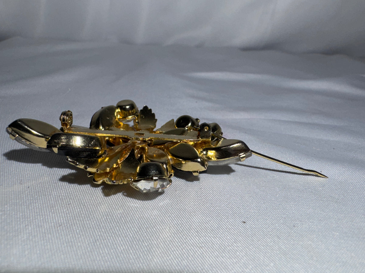 Vintage Weiss Style Black Rhinestone Floral Brooch Faux Pearl Gold Tone Unsigned