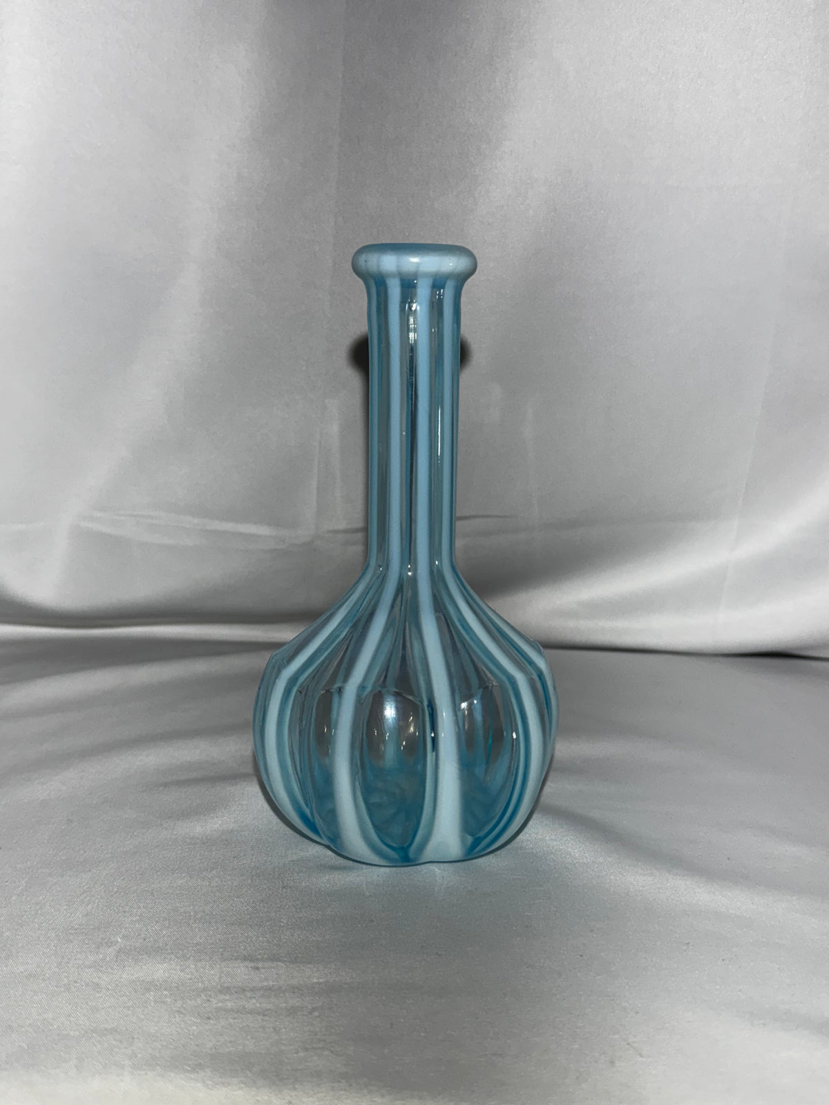 Antique EAPG Blue & White Stripe Barber Bottle Melon Base 7.5”