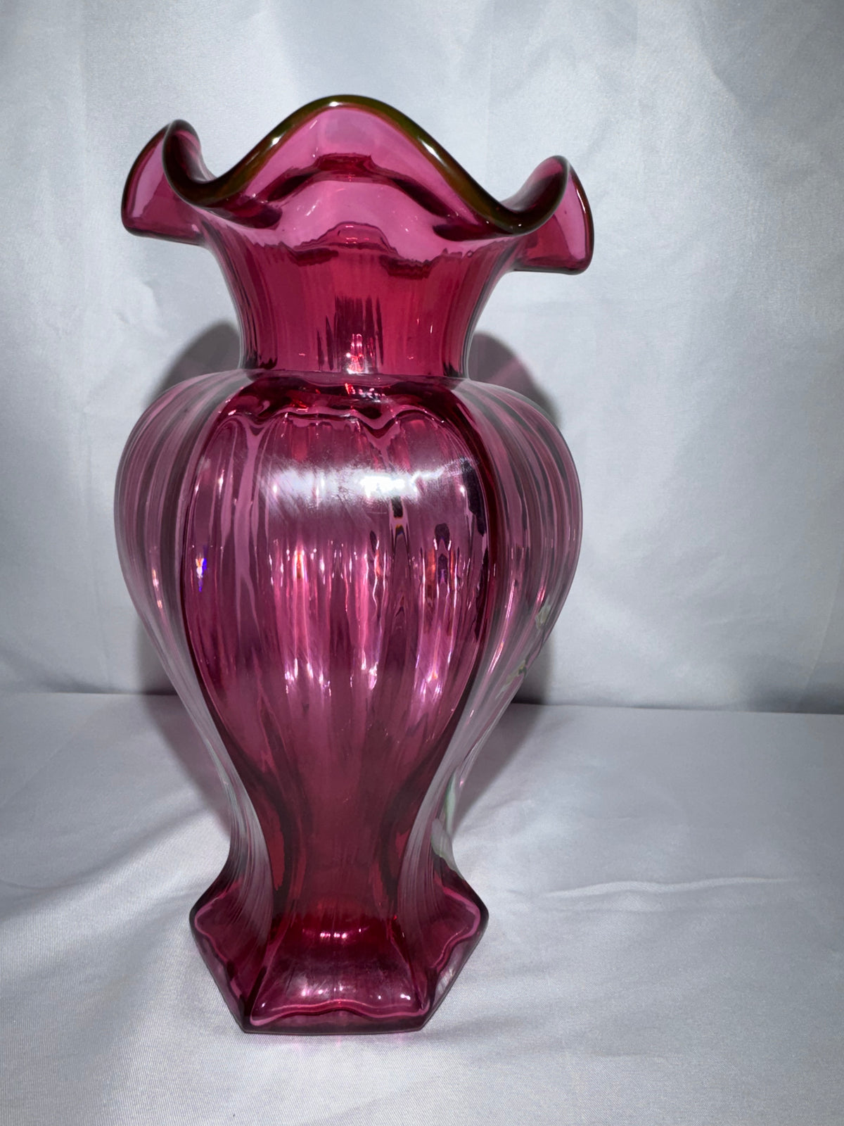 Fenton Art Glass Cranberry Vase Hand-Painted Pansies Signed 1995 George Fenton