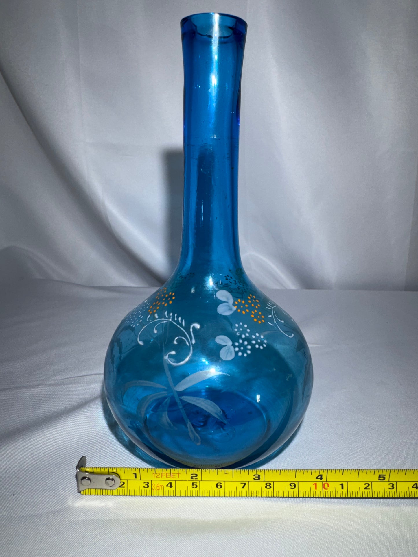Antique Victorian Hand-Blown Blue Glass Barber Bottle – Hand-Painted Floral Enamel