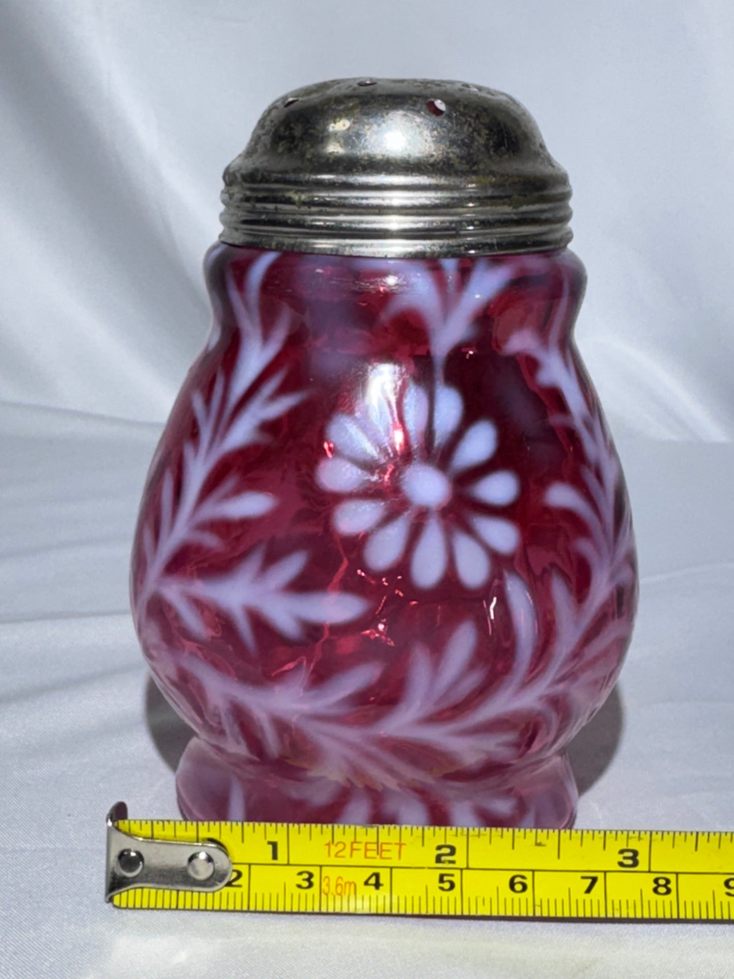 Vintage Northwood Cranberry Opalescent “Daisy & Fern” Sugar Shaker – 4.5”