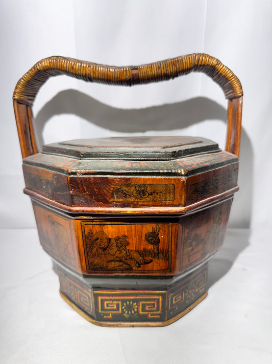 Antique Chinese Wedding / Brothel Basket – Lacquer Wood & Woven Bamboo
