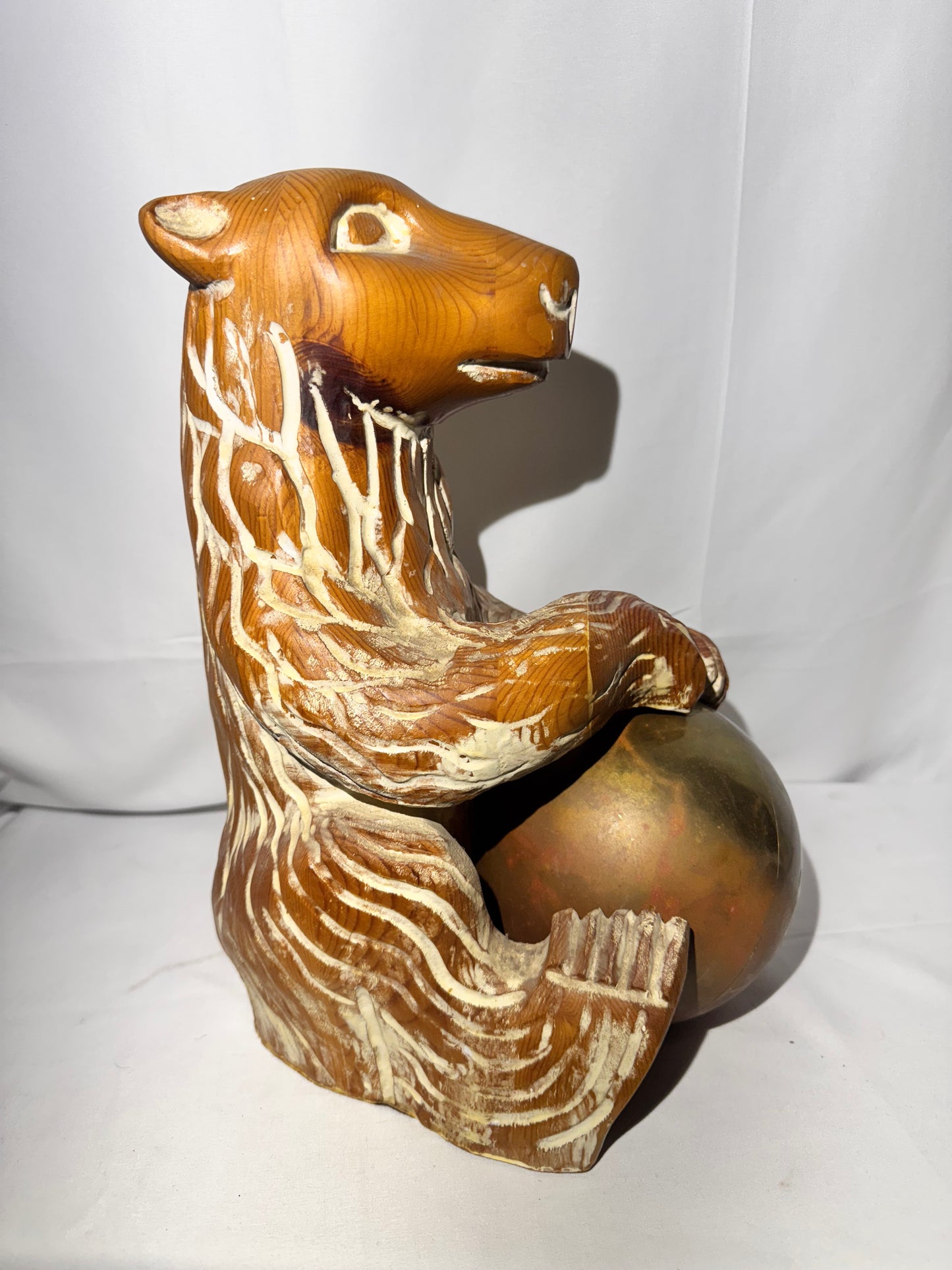 Vintage Hand-Carved Sarreid Ltd. Bear Sculpture Holding Brass Ball – Made in Spain – 1970s