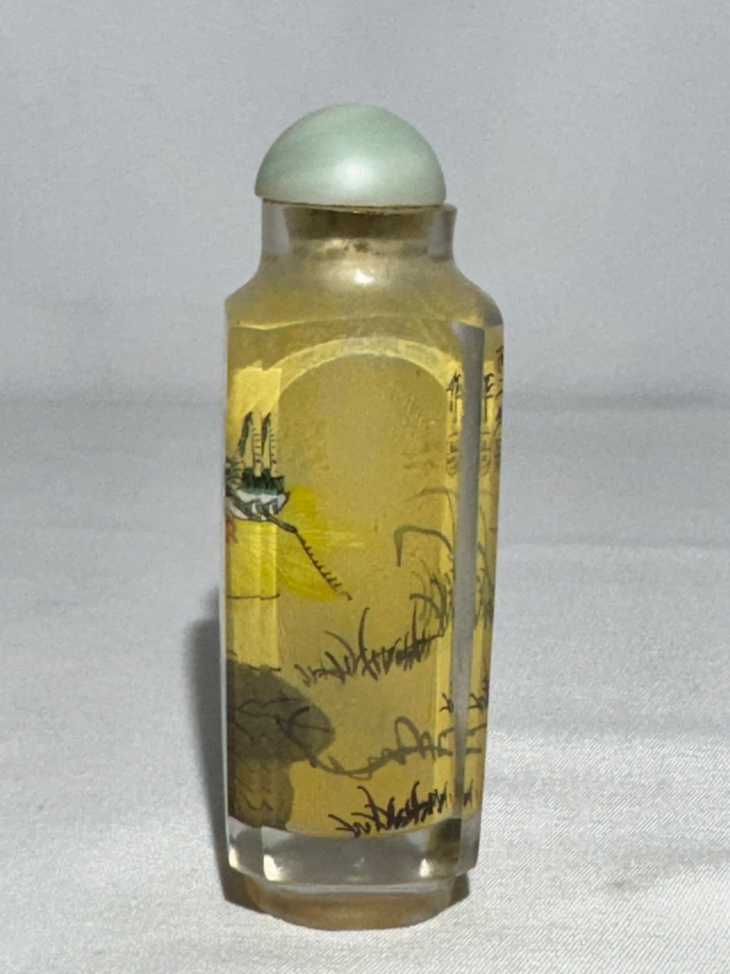 Antique Chinese Inside Hand Painted Glass Snuff Bottle – Crickets, Calligraphy & Artist Signature – Stone Topper