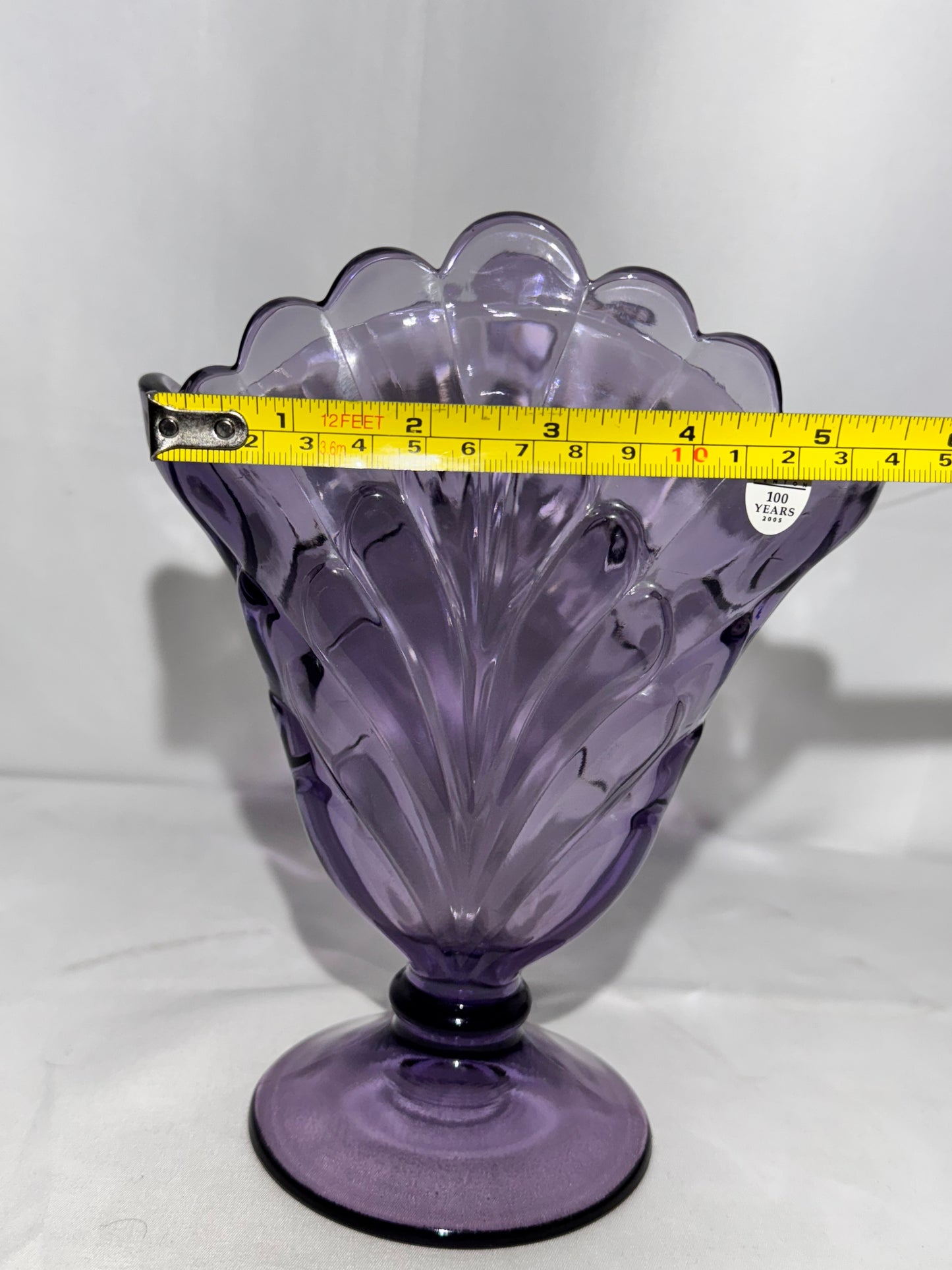 Fenton Purple Amethyst Fan Vase – 100 Years Anniversary 2005 – Original Sticker – 8” Tall