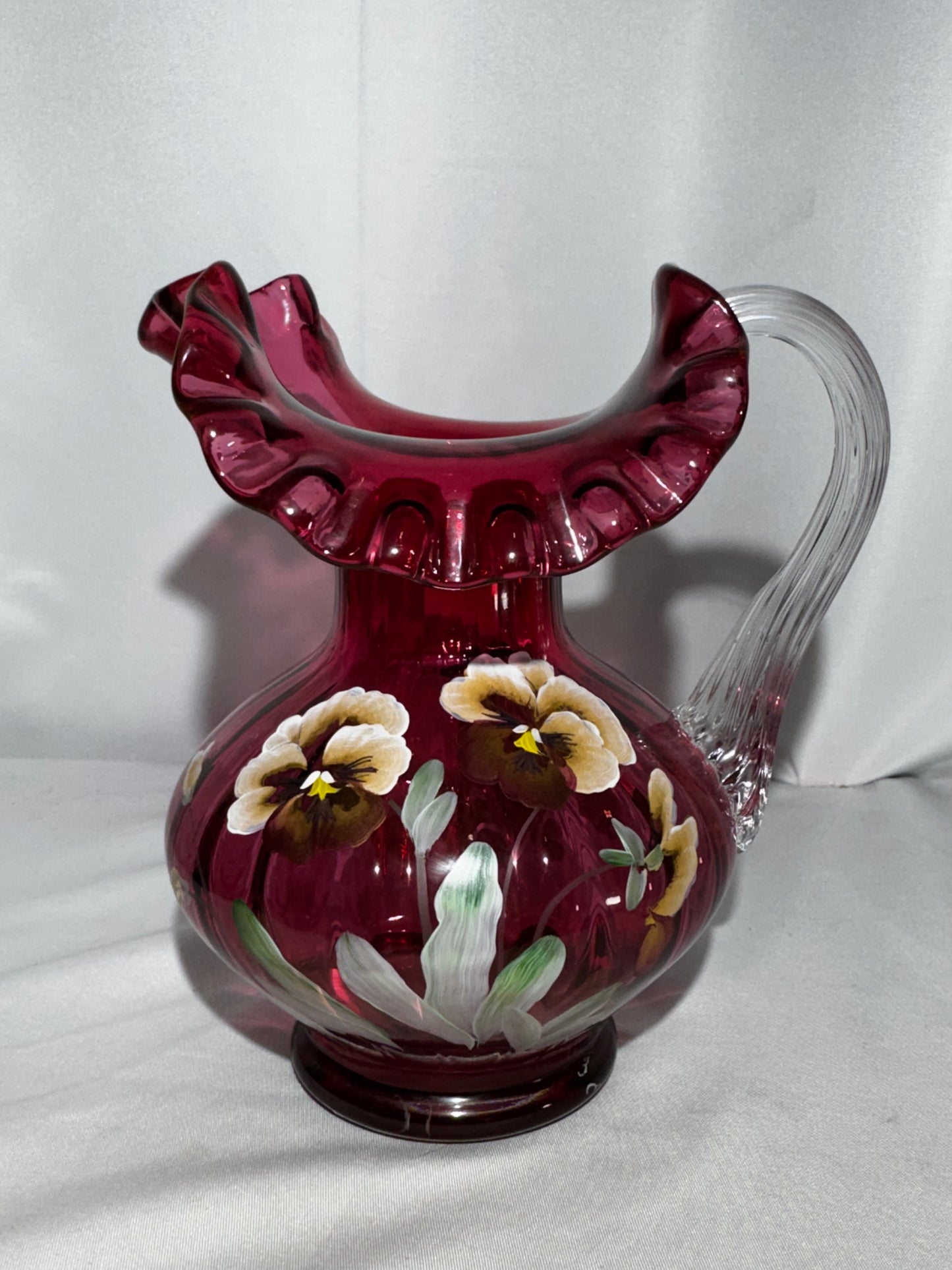 Fenton Art Glass Cranberry Pansy Pitcher 1994 Signed George & Frank M Fenton #279 Hand Painted