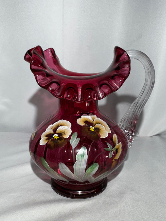 Fenton Art Glass Cranberry Pansy Pitcher 1994 Signed George & Frank M Fenton #279 Hand Painted