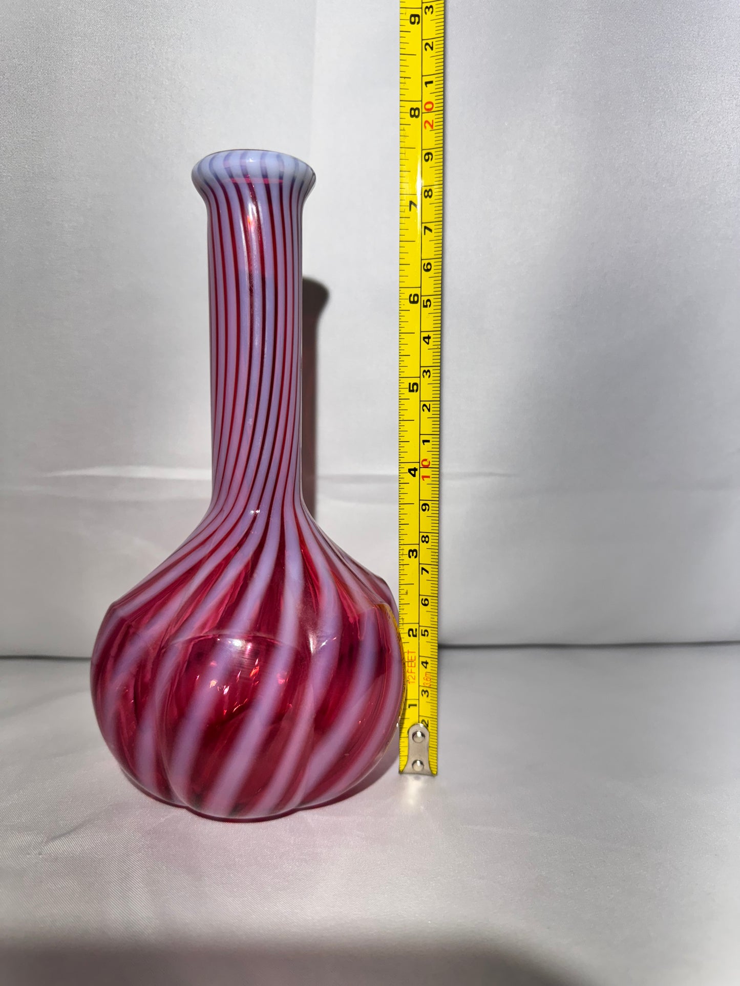 Cranberry Opalescent Barber Bottle – Melon Base Spiral Optic Glass