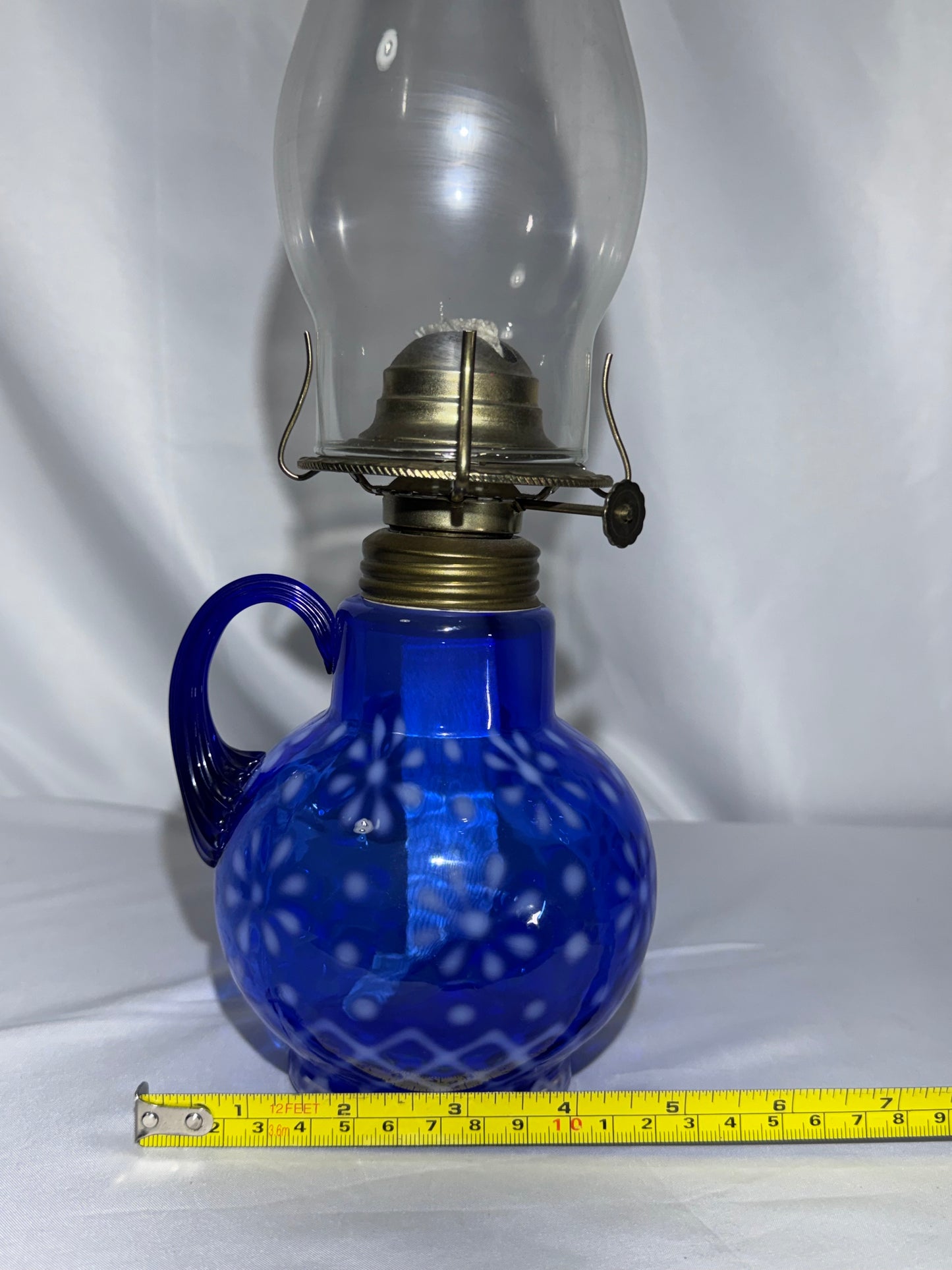 Vintage Cobalt Blue Opalescent Glass Finger Oil Lamp – Snowflake Pattern – 14”