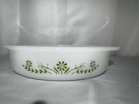Vintage Glasbake Milk Glass Green Daisy Round Baking Casserole Dish Jeannette Glass