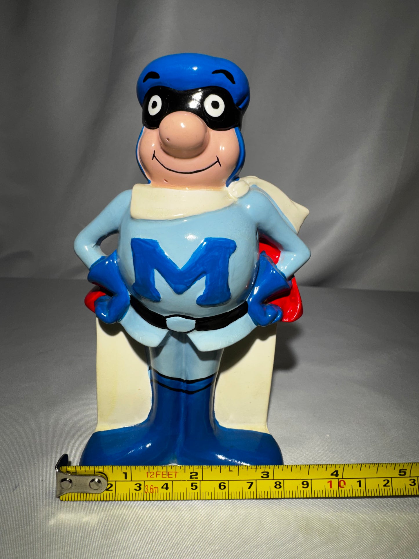 Vintage Rainier Bank M-Man Superhero Ceramic Coin Bank Japan 1960s 6” w/ Stopper