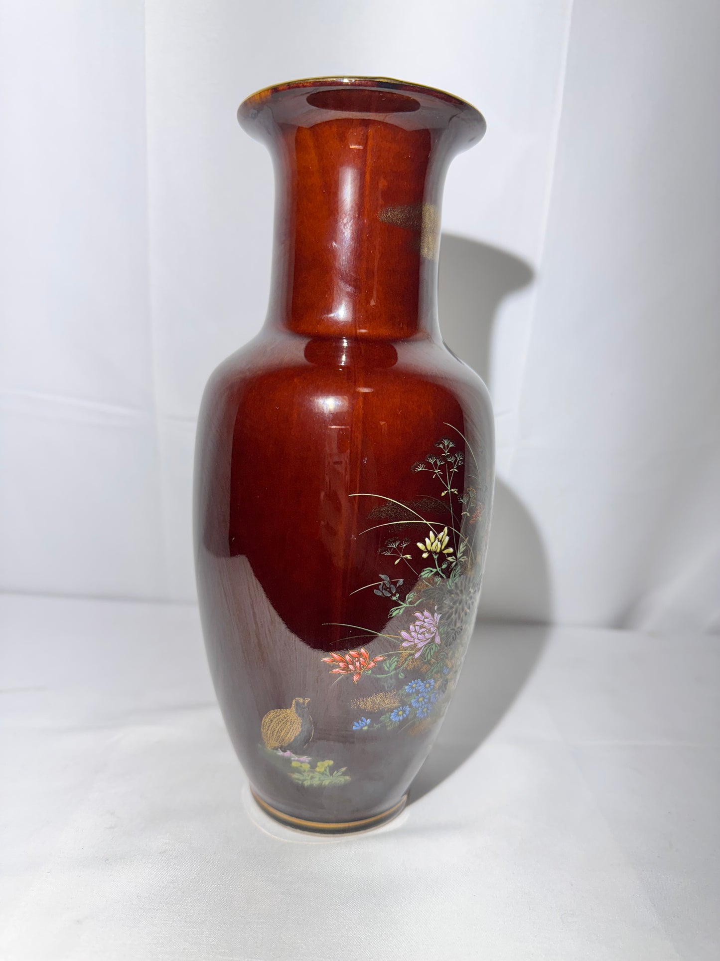 Vintage Hand Painted Vase – Brown Floral Design with Quail – Made in Hong Kong – 10” Tall – Gold Trim