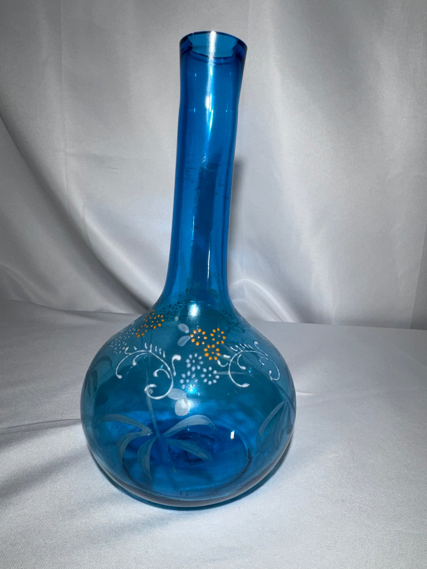 Antique Victorian Hand-Blown Blue Glass Barber Bottle – Hand-Painted Floral Enamel