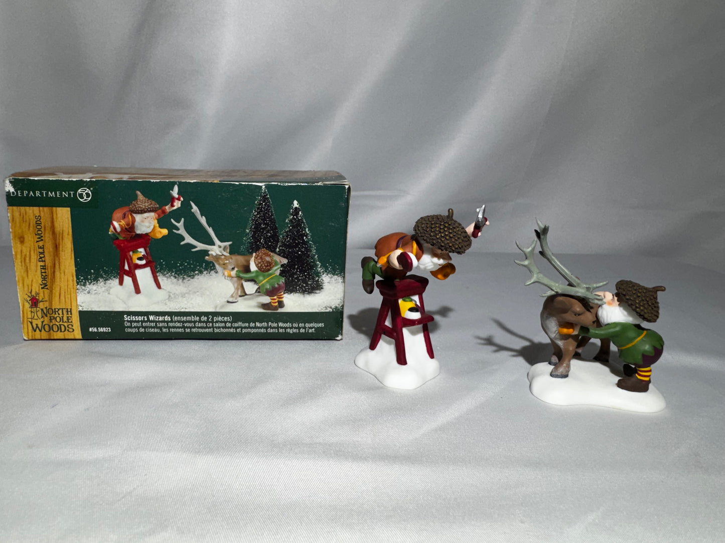 Department 56 North Pole Woods “Scissors Wizards” Elf Grooming Reindeer Set #56.56923 Retired w/ Box