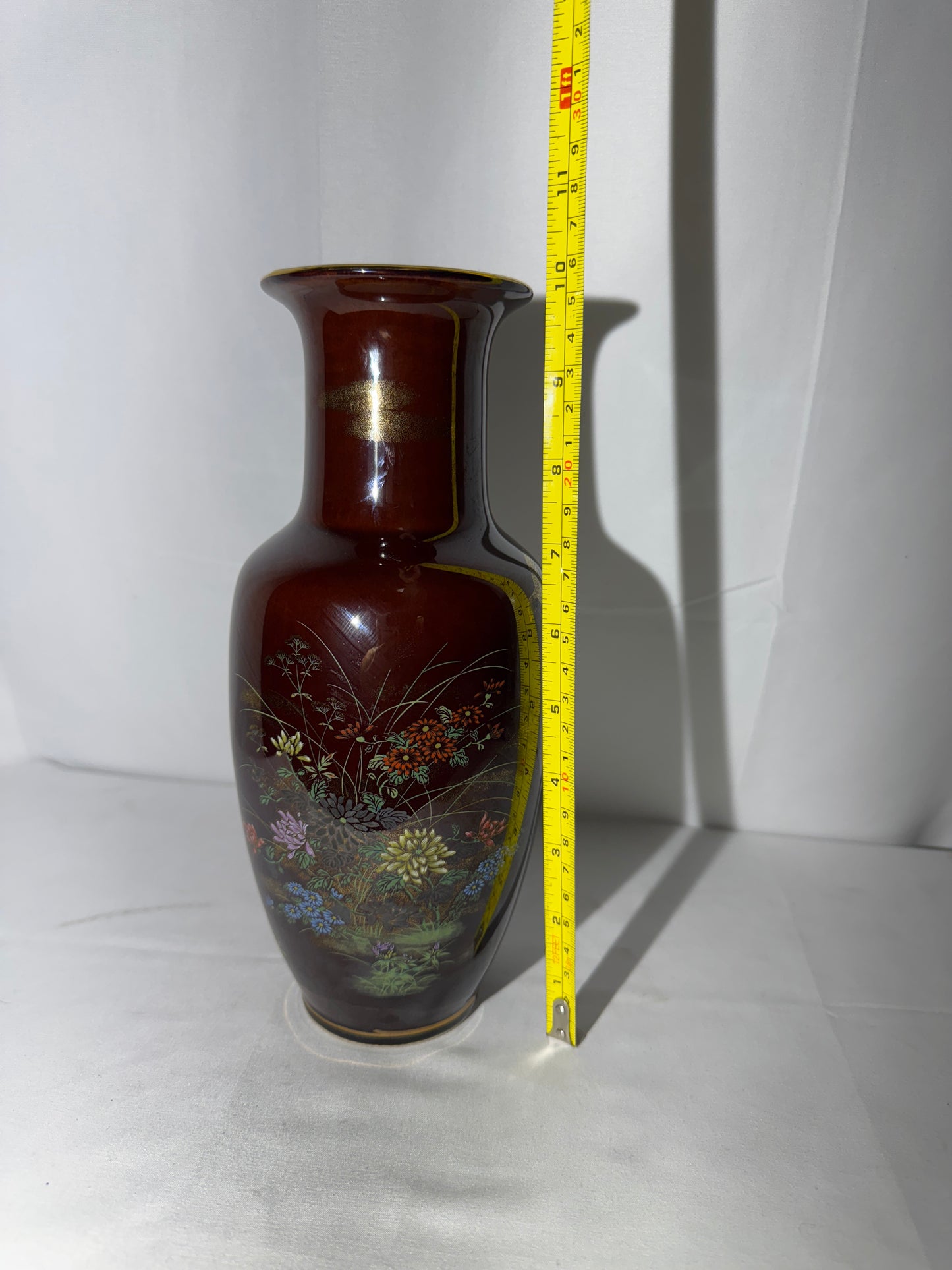 Vintage Hand Painted Vase – Brown Floral Design with Quail – Made in Hong Kong – 10” Tall – Gold Trim
