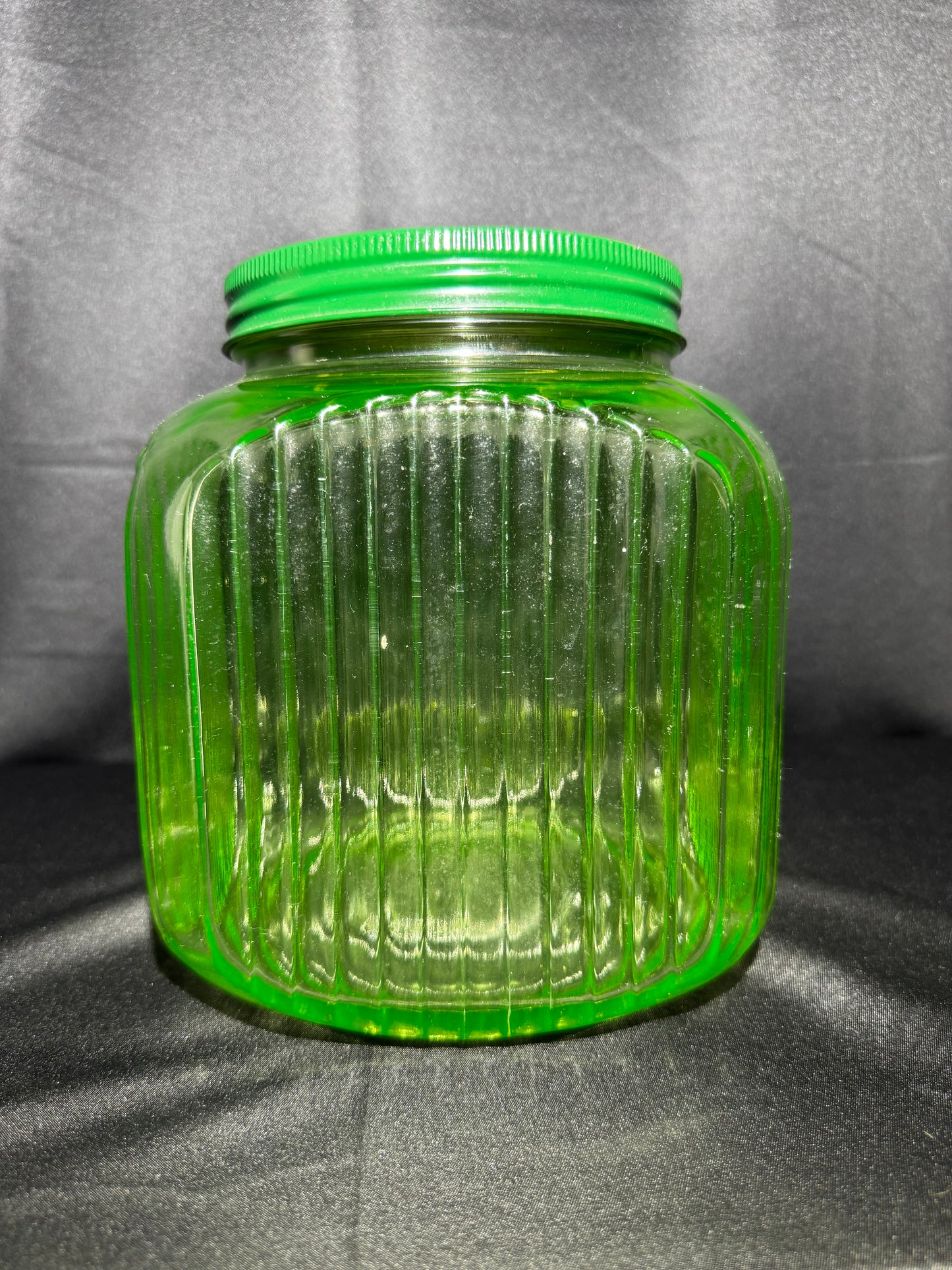 Vintage 1930s Uranium Glass Hoosier Cookie Canister w/ Green Lid & Original Sticker UV Glow