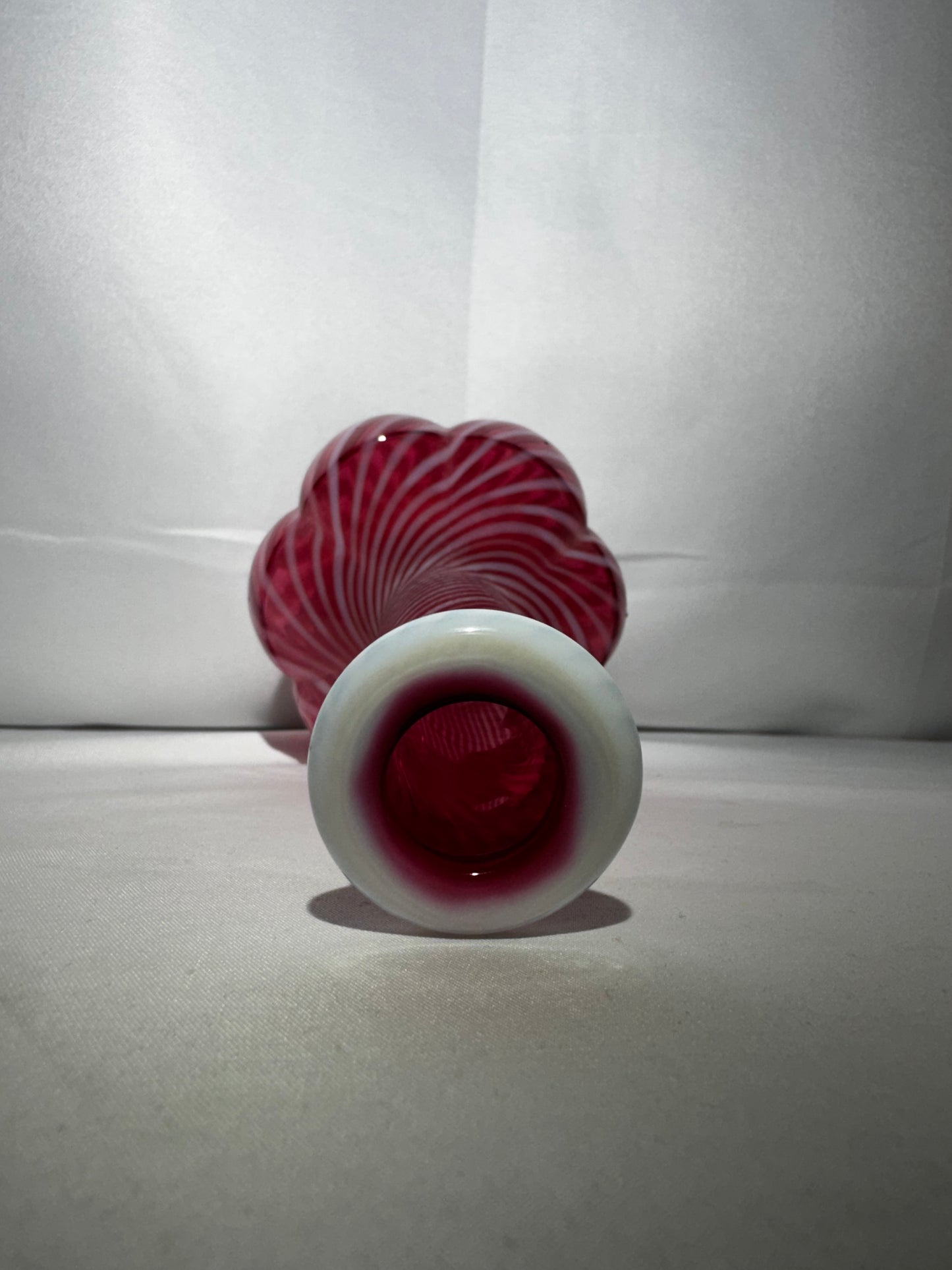 Vintage Fenton Cranberry Opalescent Swirl Barber Bottle – 7.5”