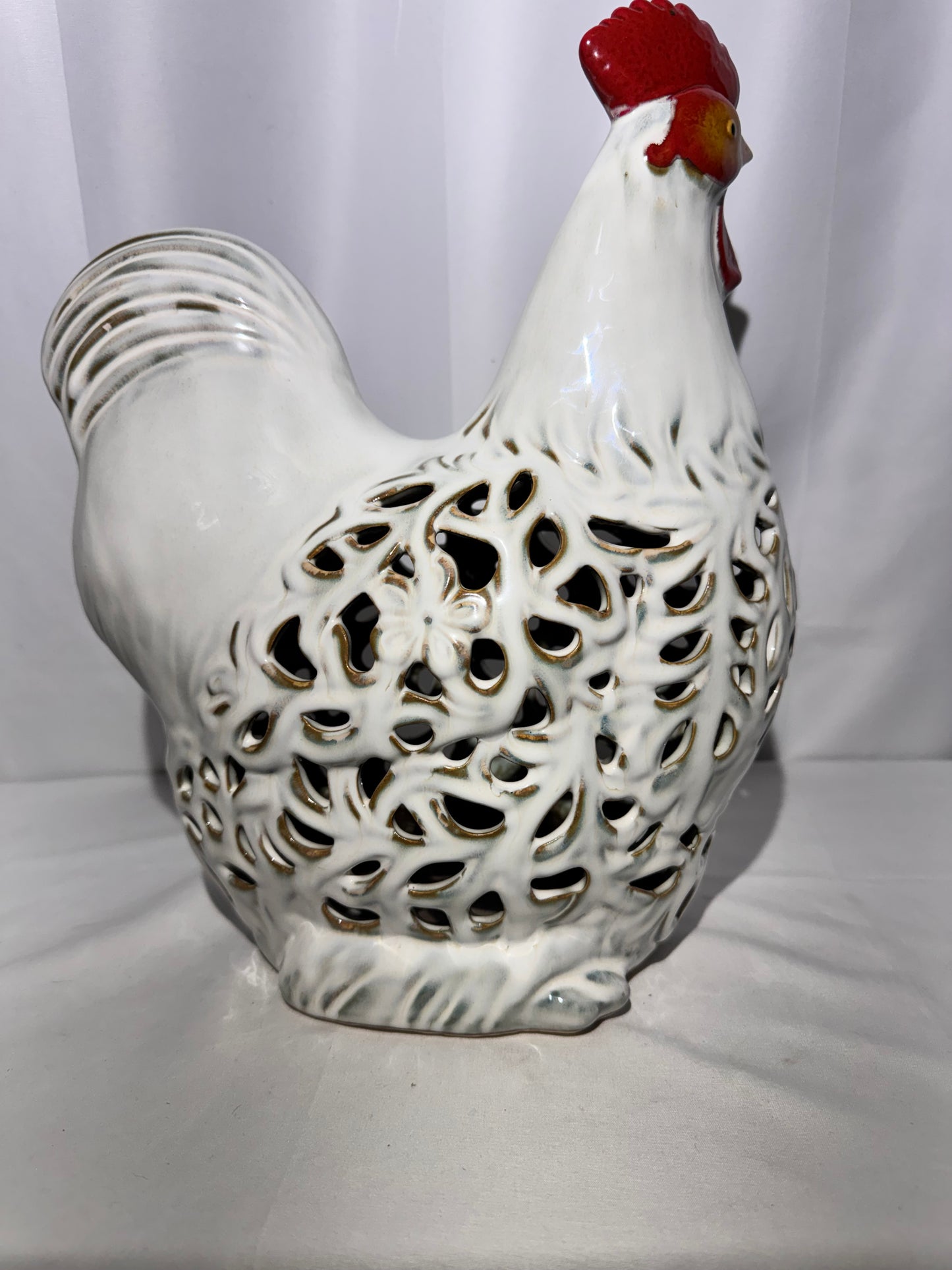 White Ceramic Openwork Rooster Figurine – Decorative Farmhouse Accent – 13” Tall