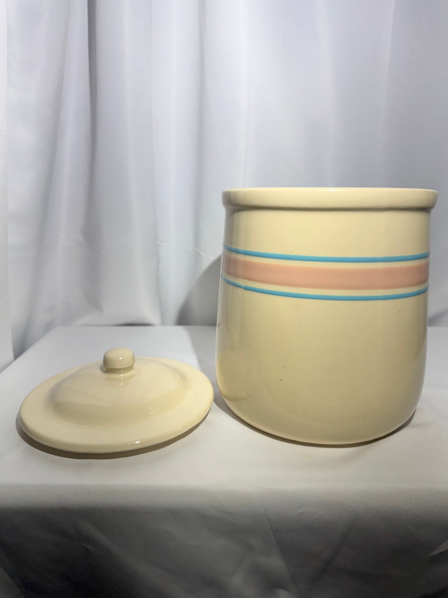 Vintage McCoy Pottery Stonecraft Kitchen Hamper Canister – #133 – Pink & Blue Stripes – USA
