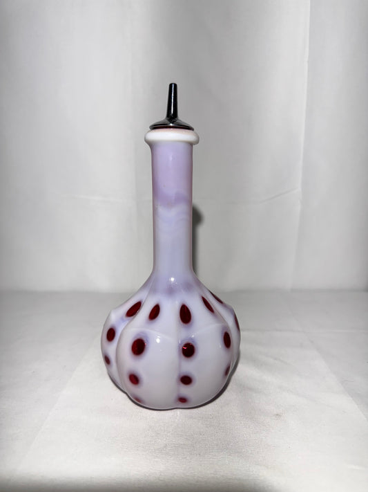 Vintage Barber Bottle – White & Cranberry Coin Pattern with Original Topper