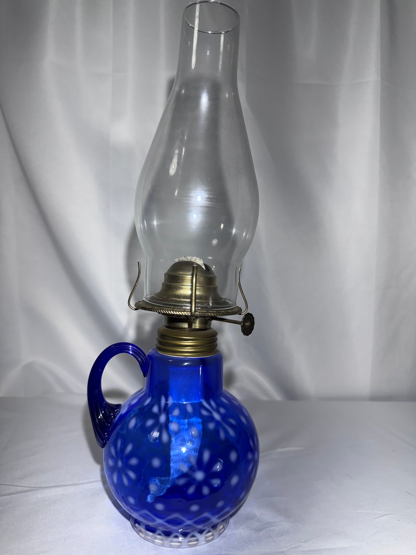 Vintage Cobalt Blue Opalescent Glass Finger Oil Lamp – Snowflake Pattern – 14”