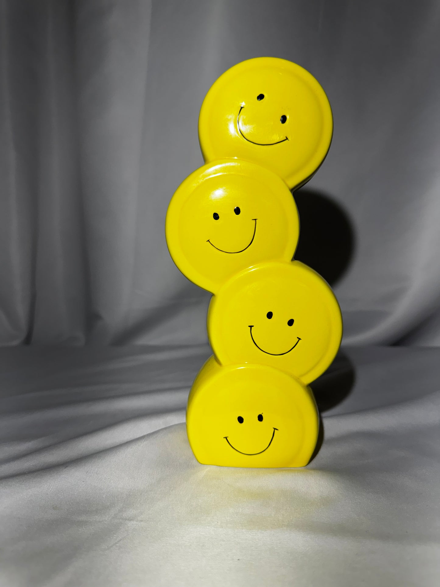 Burton & Burton Yellow Smiley Face Ceramic Vase 4 Stacked Faces Retro 8.5” Tall
