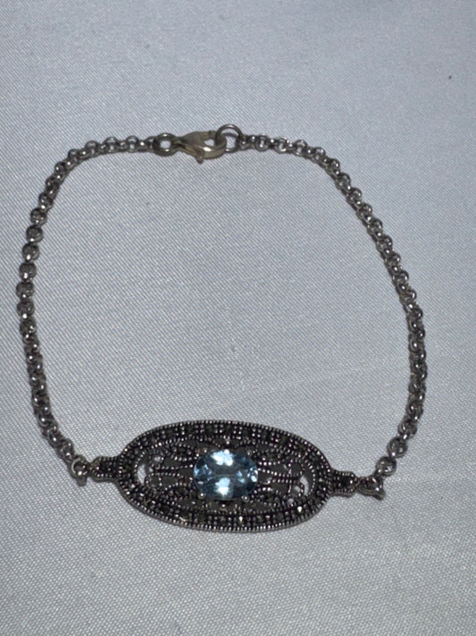 Vintage JC 925 Sterling Silver Marcasite & Blue Topaz Gemstone Link Bracelet