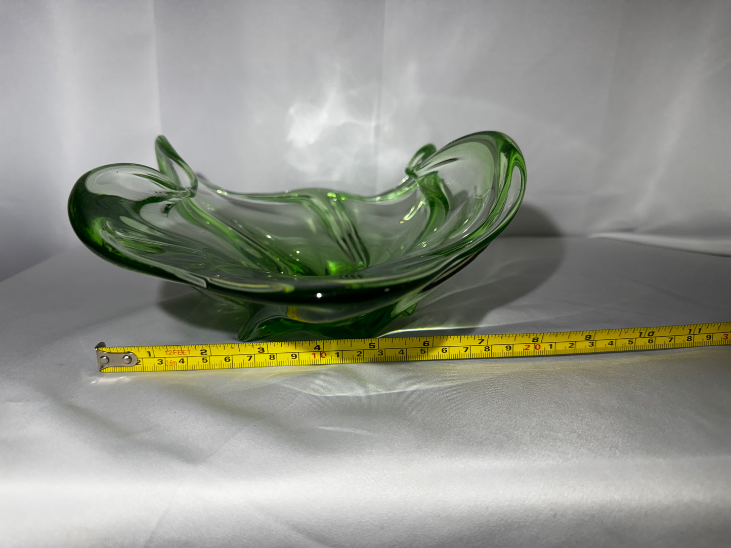 Vintage Mid-Century Emerald Green Hand Blown Art Glass Freeform Console Bowl 12”