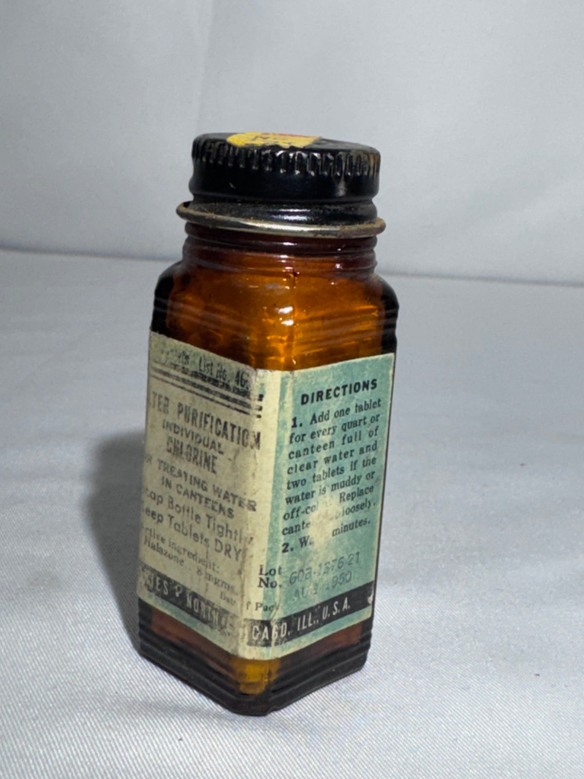 Vintage U.S. Military Halazone Water Purification Tablet Bottle – WWII/Korean War Era