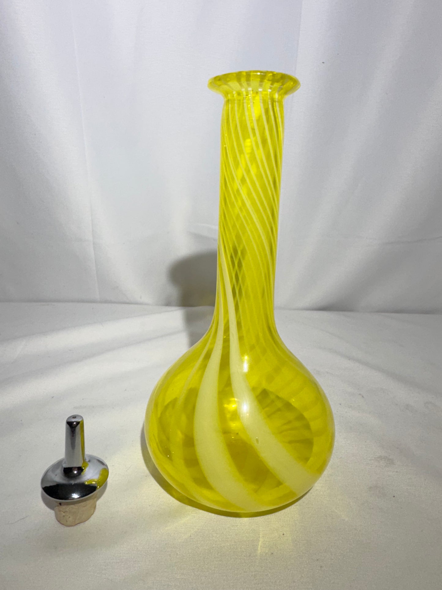 Collectible Victorian Yellow Opalescent Swirl Barber Bottle w/ Metal Stopper