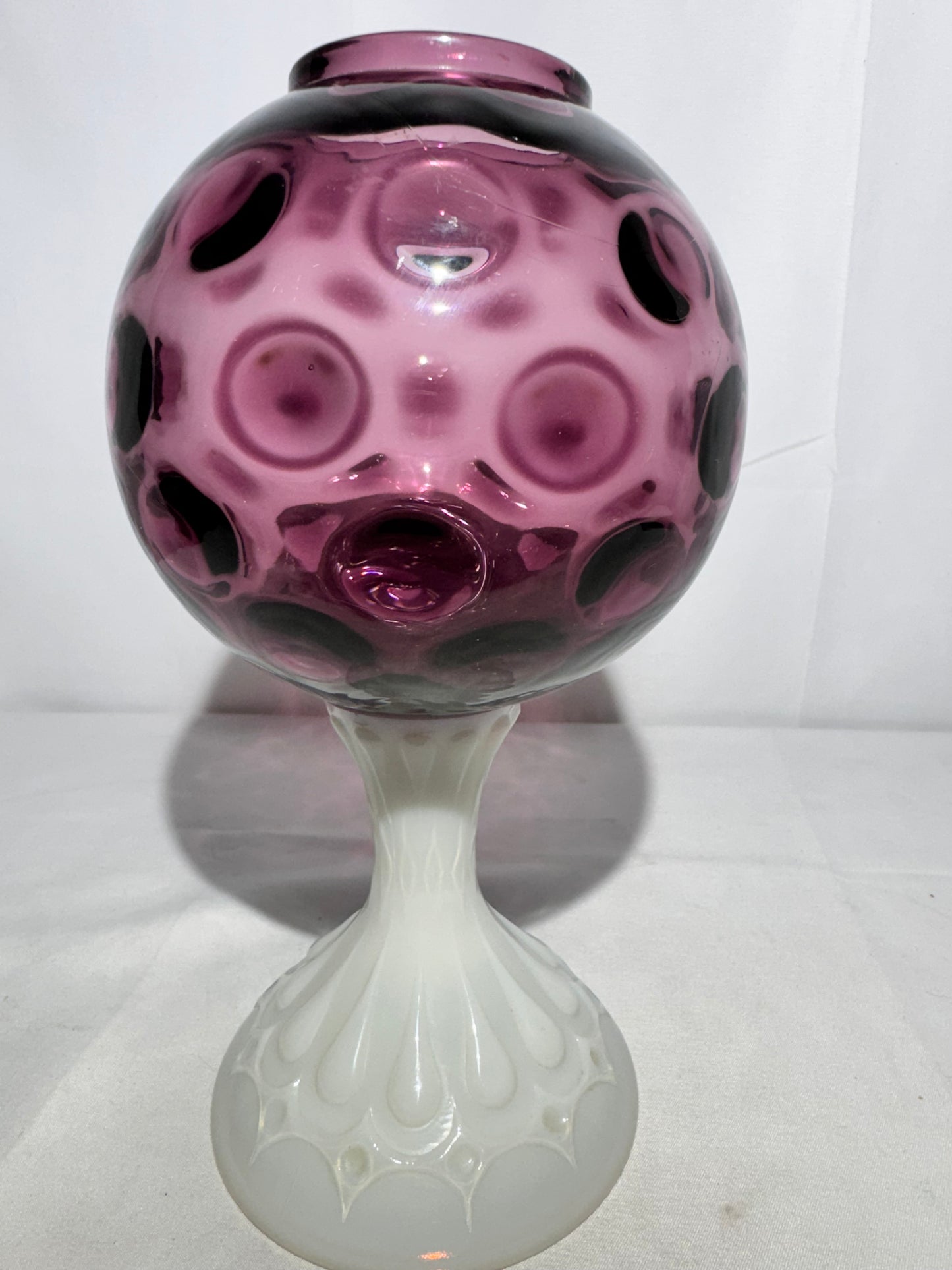 Fenton Coin Pedestal Ivory Ball / Rose Bowl – Amethyst & Milk Glass