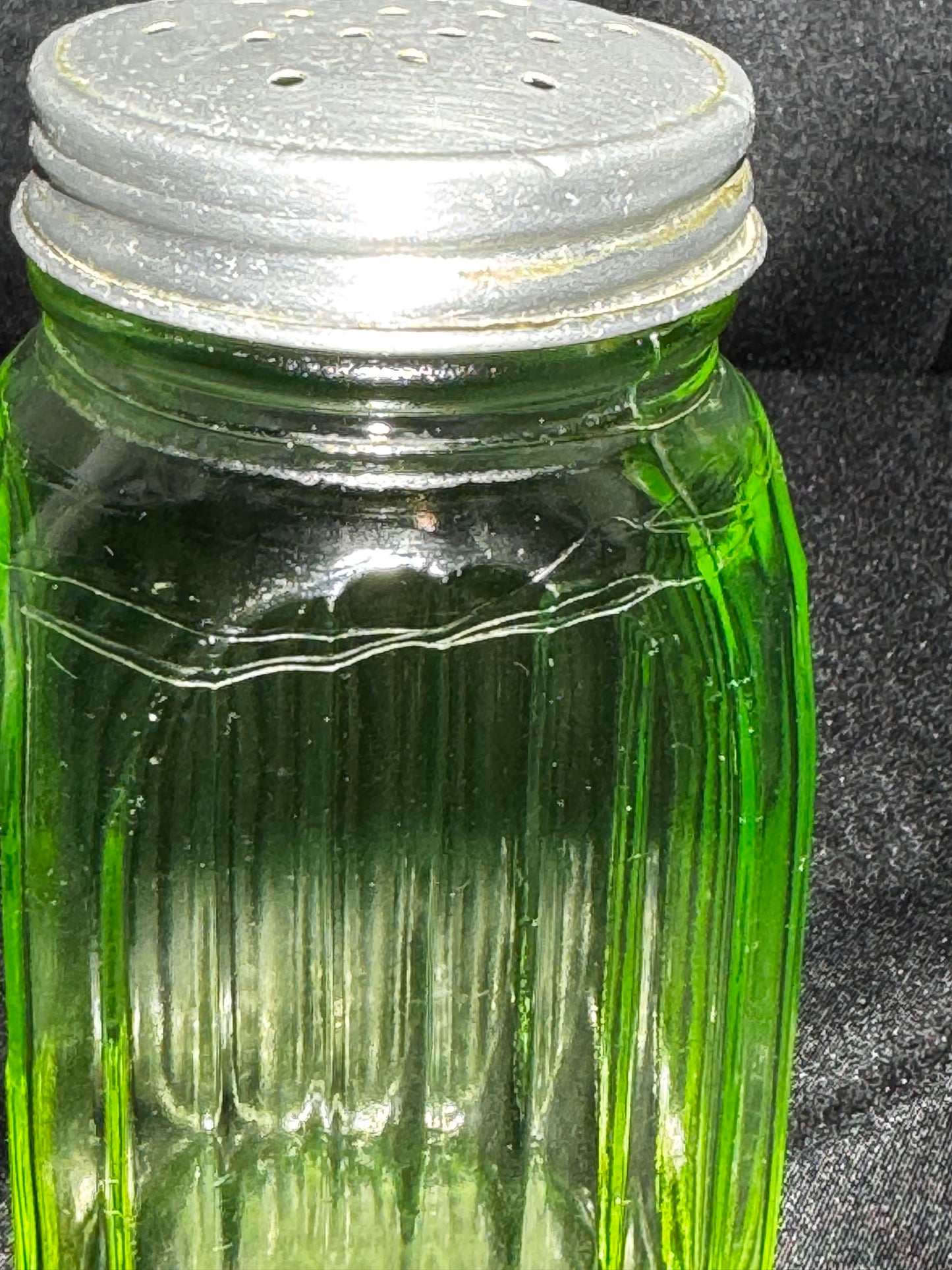 Vintage Anchor Hocking Uranium Glass SUGAR Shaker Ribbed Hoosier Jar w/ Metal Lid