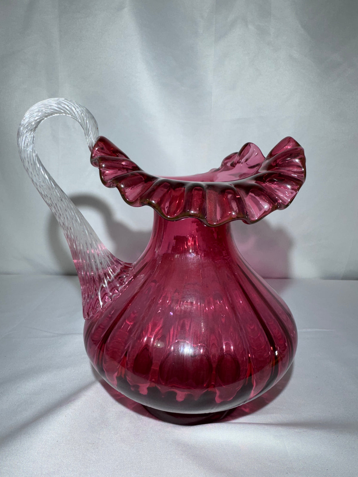 Fenton Cranberry Glass Mary Gregory Style Hand-Painted Pitcher – S. Hart – #1570/2250
