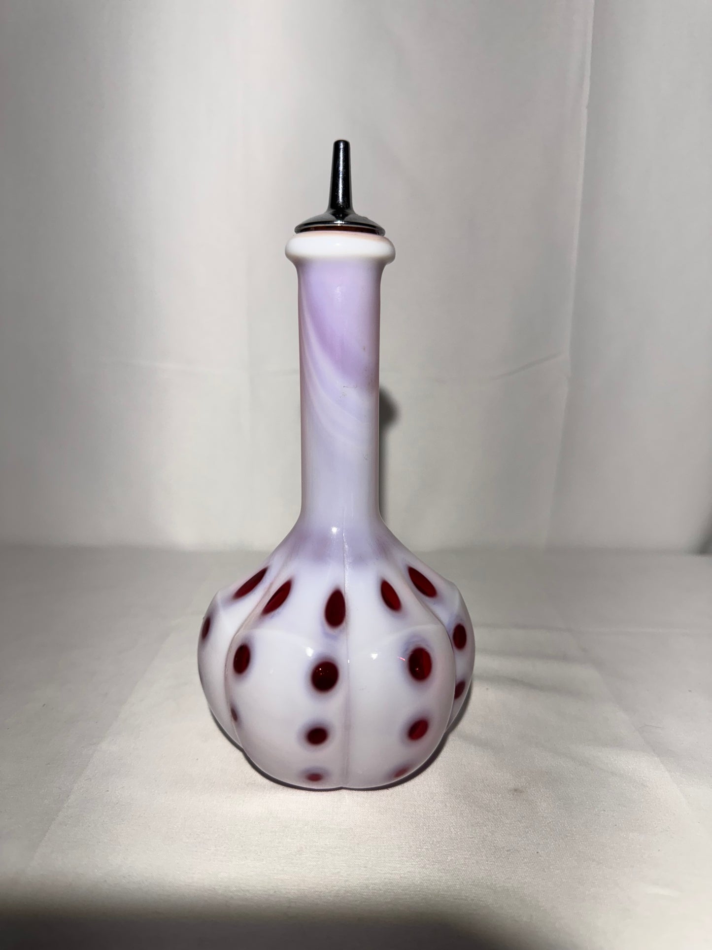 Vintage Barber Bottle – White & Cranberry Coin Pattern with Original Topper