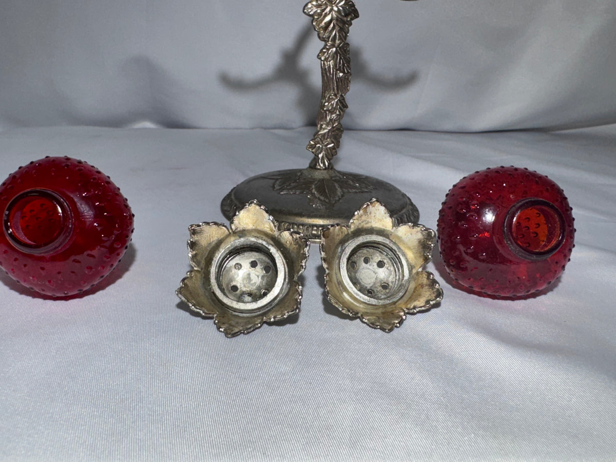 Vintage Japan Red Cadmium Glass Strawberry Salt Pepper Shakers w/ Hanging Stand