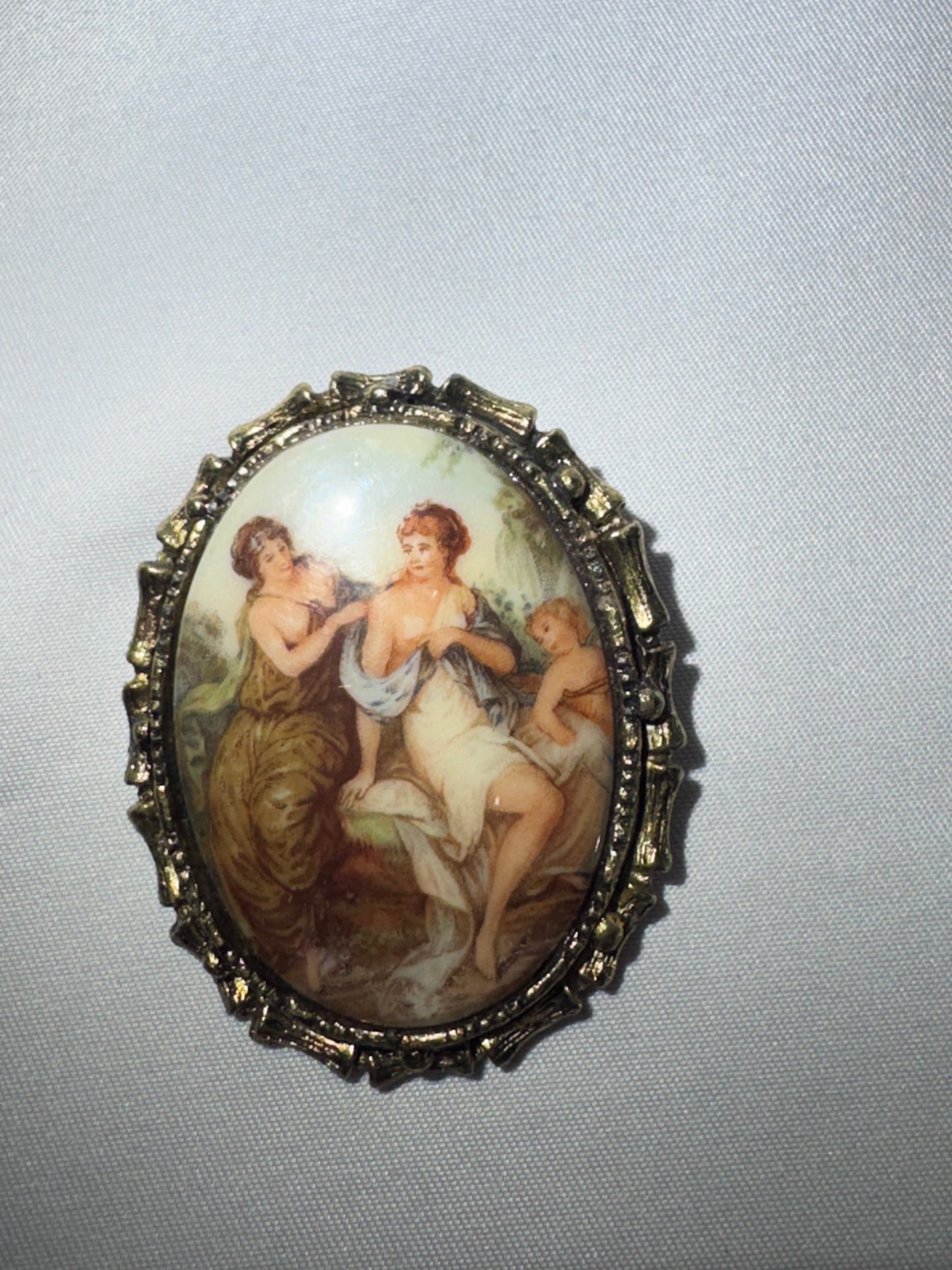 Vintage French Limoges Porcelain Miniature Brooch – Classical Mythology Scene – Ornate Gold-Tone Frame