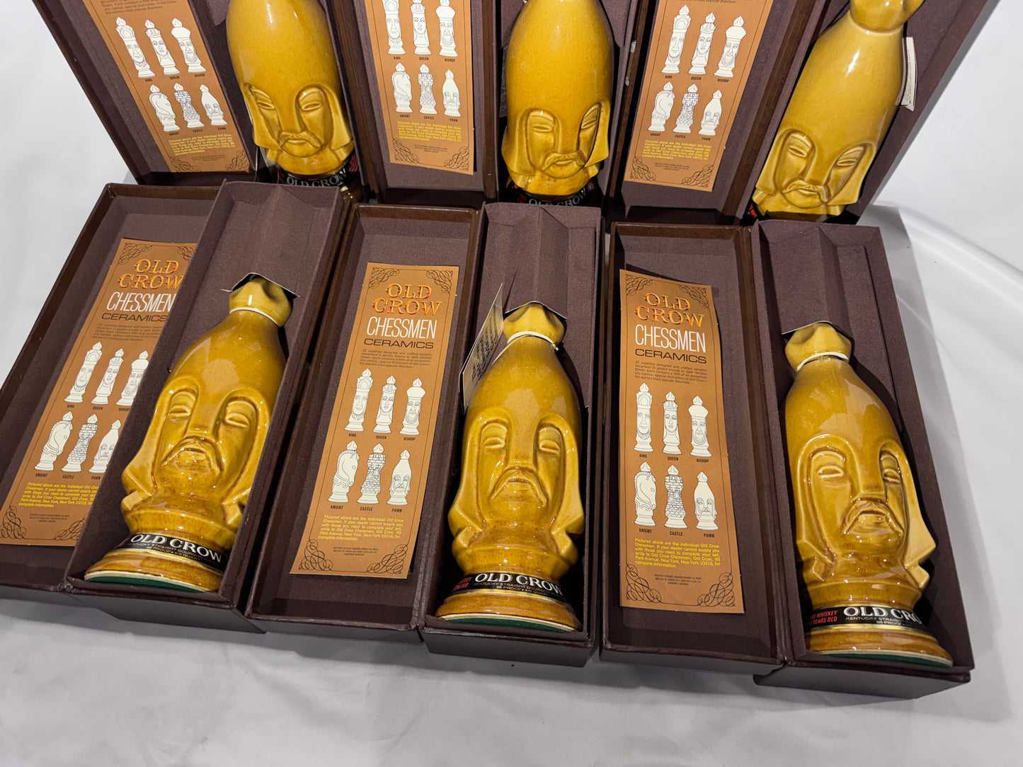 1969 Old Crow 10-Year-Old Bourbon Chessmen Ceramic Decanters – Set of 6 Gold Pawns