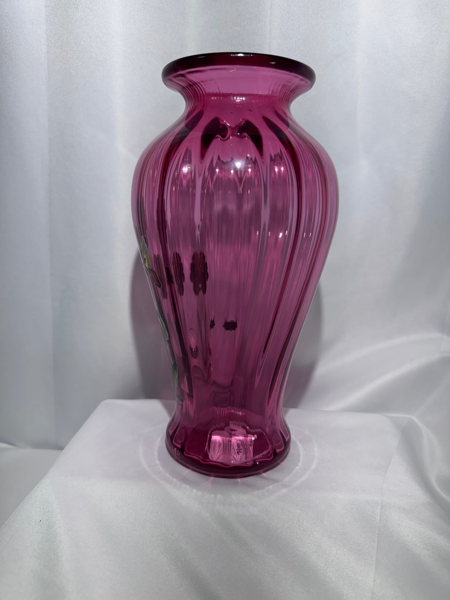 Fenton Pansies on Cranberry Optic Rib Vase 1994 – Hand-Painted – 9”