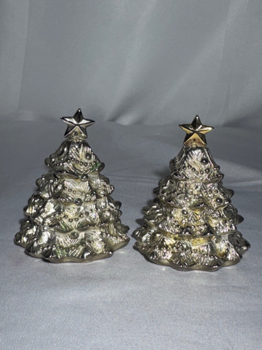 Vintage Godinger Silver Plated Christmas Tree Salt Pepper Shakers Gold Stars 2.5"