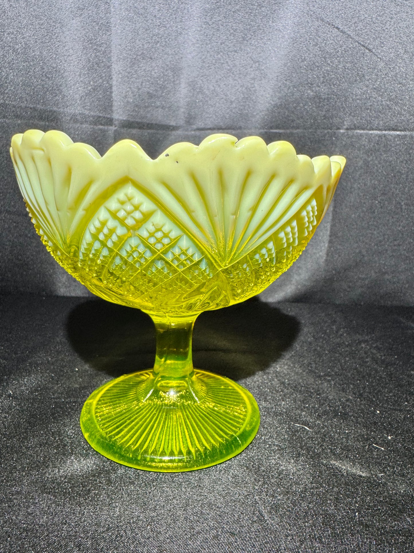 Victorian Uranium Glass Davidson Primrose Pearline Footed Compote – RN 285342