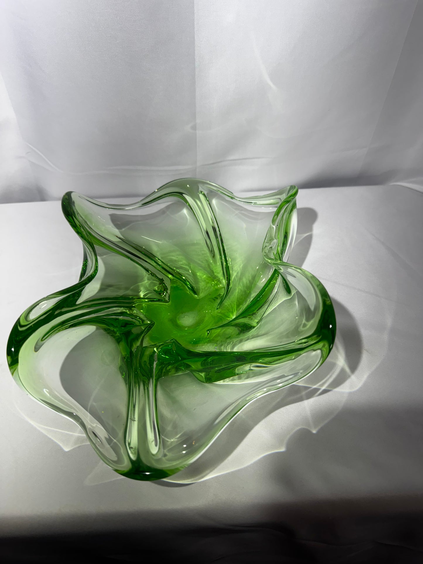 Vintage Mid-Century Emerald Green Hand Blown Art Glass Freeform Console Bowl 12”