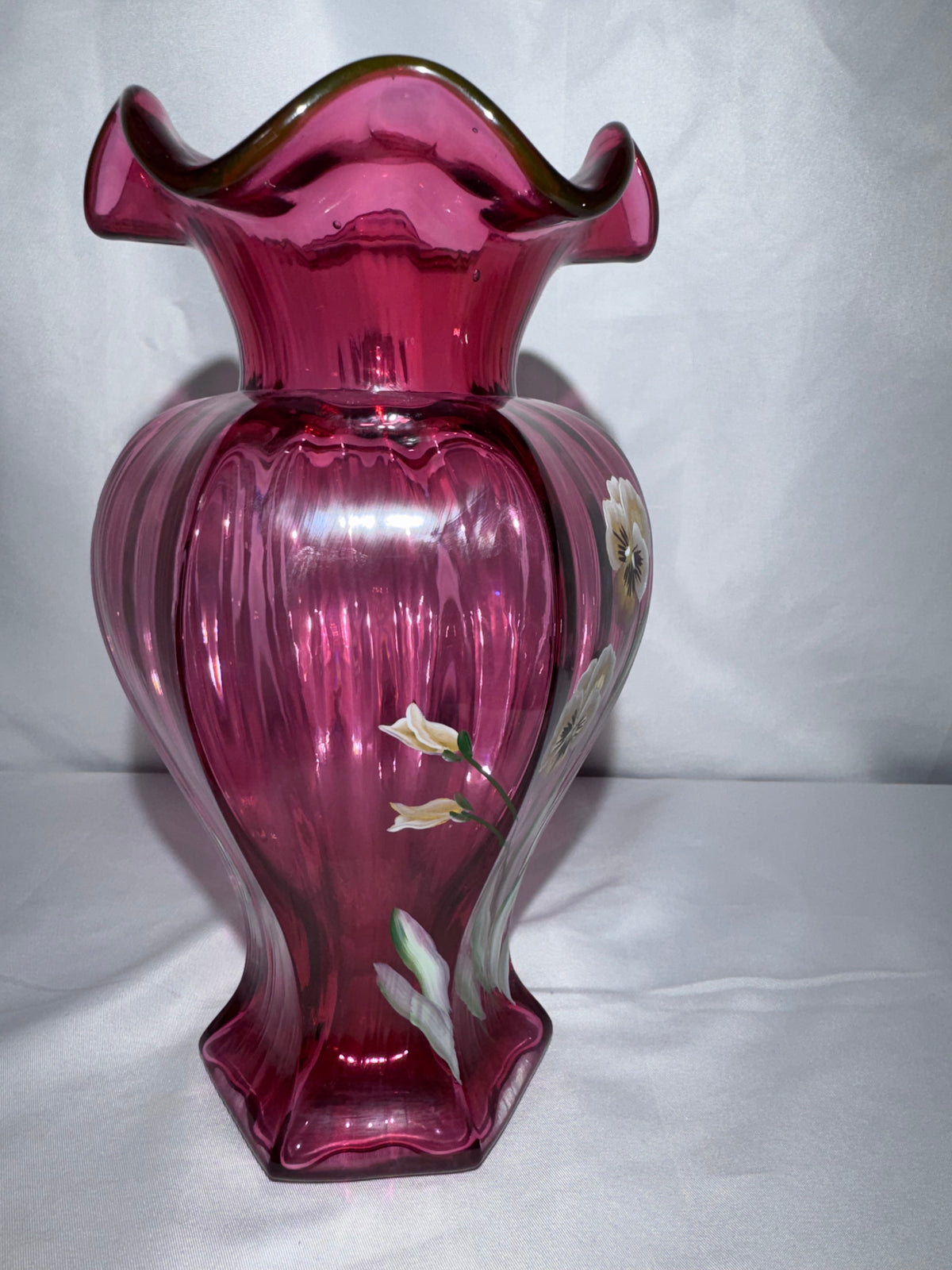 Fenton Art Glass Cranberry Vase Hand-Painted Pansies Signed 1995 George Fenton